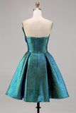 Sparkly Metallic Strapless Peacock Green Ruched A Line Mini Prom Dress