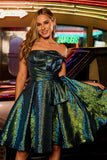 Sparkly Metallic Strapless Peacock Green Ruched A Line Mini Prom Dress