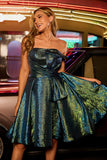 Sparkly Metallic Strapless Peacock Green Ruched A Line Mini Prom Dress