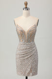 Sparkly Silver Bodycon Strapless Sequins Short Prom Dress with Slit