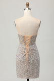 Sparkly Silver Bodycon Strapless Sequins Short Prom Dress with Slit