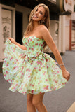 Green Strapless A-Line Floral Corset Short Prom Dress with Bows