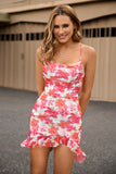 Red Floral Bodycon Spaghetti Straps Printed Mini Prom Dress