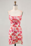 Red Floral Bodycon Spaghetti Straps Printed Mini Prom Dress