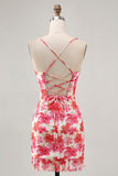 Red Floral Bodycon Spaghetti Straps Printed Mini Prom Dress