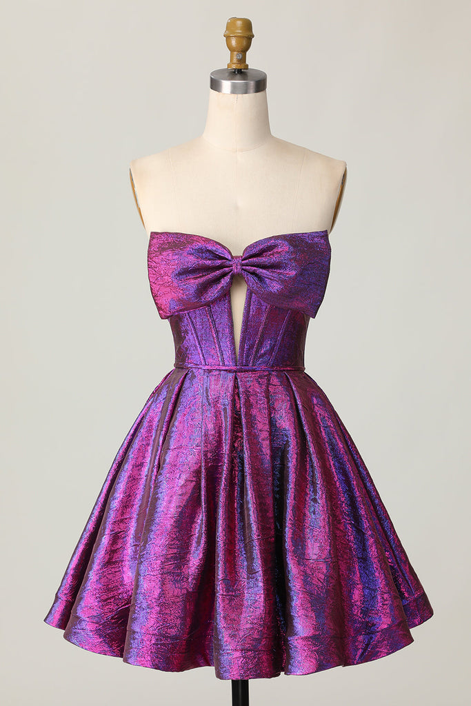 WEDTREND Women Metallic Strapless Prom Dress with Bow Dark Purple A