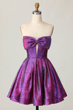 Metallic Dark Purple A-Line Strapless Cut Out Corset Short Prom Dress