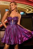 Metallic Dark Purple A-Line Strapless Cut Out Corset Short Prom Dress