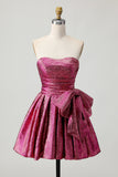Metallic Dark Purple A-Line Strapless Short Prom Dress with Bow