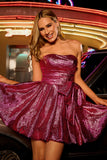 Metallic Dark Purple A-Line Strapless Short Prom Dress with Bow