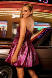 Metallic Dark Purple A-Line Strapless Short Prom Dress with Bow