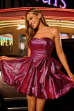 Metallic Dark Purple A-Line Strapless Short Prom Dress with Bow