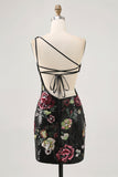 Flower Bodycon Sequin One Shoulder Little Black Dress