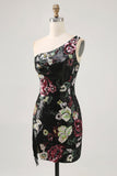 Flower Bodycon Sequin One Shoulder Little Black Dress