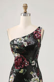 Flower Bodycon Sequin One Shoulder Little Black Dress