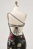 Flower Bodycon Sequin One Shoulder Little Black Dress