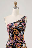 Flower Bodycon One Shoulder Embroidery Little Black Dress
