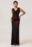 Black Red Sheath Cowl Neck Tulle Open Back Maxi Dress with Slit