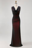 Black Red Sheath Cowl Neck Tulle Open Back Maxi Dress with Slit