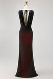 Black Red Sheath Cowl Neck Tulle Open Back Maxi Dress with Slit