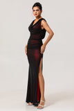 Black Red Sheath Cowl Neck Tulle Open Back Maxi Dress with Slit