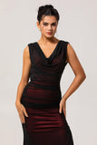 Black Red Sheath Cowl Neck Tulle Open Back Maxi Dress with Slit