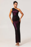 Black Pink Sheath One Shoulder Ruched Tulle Long Bridesmaid Dress with Slit