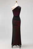Black Pink Mermaid One Shoulder Tulle Maxi Dress with Slit
