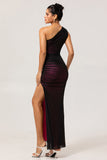 Black Pink Mermaid One Shoulder Tulle Maxi Dress with Slit
