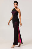 Black Pink Sheath One Shoulder Ruched Tulle Long Bridesmaid Dress with Slit