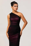 Black Pink Sheath One Shoulder Ruched Tulle Long Bridesmaid Dress with Slit