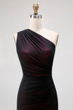 Black Pink Mermaid One Shoulder Tulle Maxi Dress with Slit