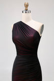 Black Pink Mermaid One Shoulder Tulle Maxi Dress with Slit