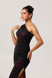 Black Pink Sheath One Shoulder Ruched Tulle Long Bridesmaid Dress with Slit