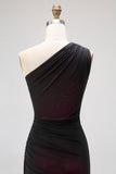 Black Pink Mermaid One Shoulder Tulle Maxi Dress with Slit