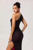 Black Pink Sheath One Shoulder Ruched Tulle Long Bridesmaid Dress with Slit