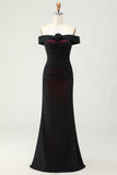 Mermaid Off the Shoulder Black Pink Ruched Maxi Dress with 3D Flower