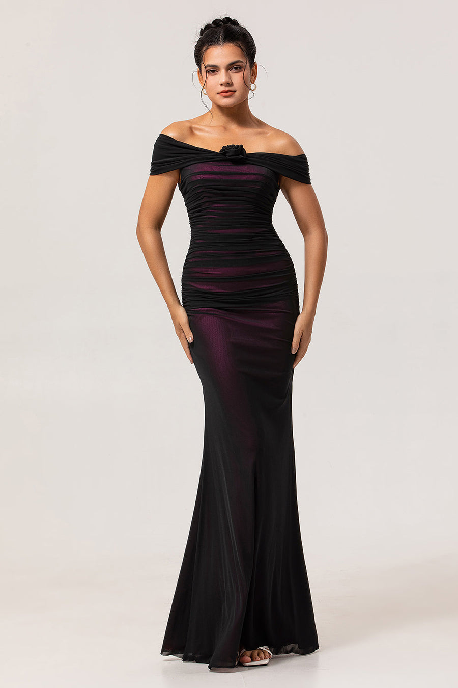 brown polka dot dress from pretty woman V-Neck A-Line Short Sleeve Long Tulle Bridesmaid Dress main image 1
