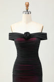 Mermaid Off the Shoulder Black Pink Ruched Maxi Dress with 3D Flower