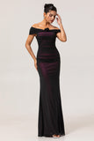 Black Pink Mermaid Off The Shoulder Ruched Tulle Long Bridesmaid Dress with Rosette