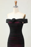 Mermaid Off the Shoulder Black Pink Ruched Maxi Dress with 3D Flower
