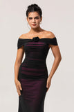 Black Pink Mermaid Off The Shoulder Ruched Tulle Long Bridesmaid Dress with Rosette