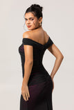 Black Pink Mermaid Off The Shoulder Ruched Tulle Long Bridesmaid Dress with Rosette