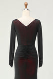 Black Red Sheath Ruched Long Sleeves Bridesmaid Dress with Slit