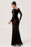 Black Red Mermaid V-Neck Long Sleeves Tulle Long Bridesmaid Dress with Slit