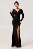 Black Red Mermaid V-Neck Long Sleeves Tulle Long Bridesmaid Dress with Slit