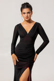 Black Red Mermaid V-Neck Long Sleeves Tulle Long Bridesmaid Dress with Slit