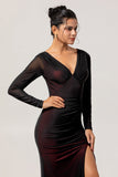 Black Red Mermaid V-Neck Long Sleeves Tulle Long Bridesmaid Dress with Slit