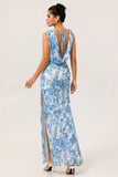 Blue & White Floral Fitted Cowl Neck Backless Maxi Dress with Slit