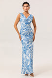 Blue & White Floral Fitted Cowl Neck Backless Maxi Dress with Slit